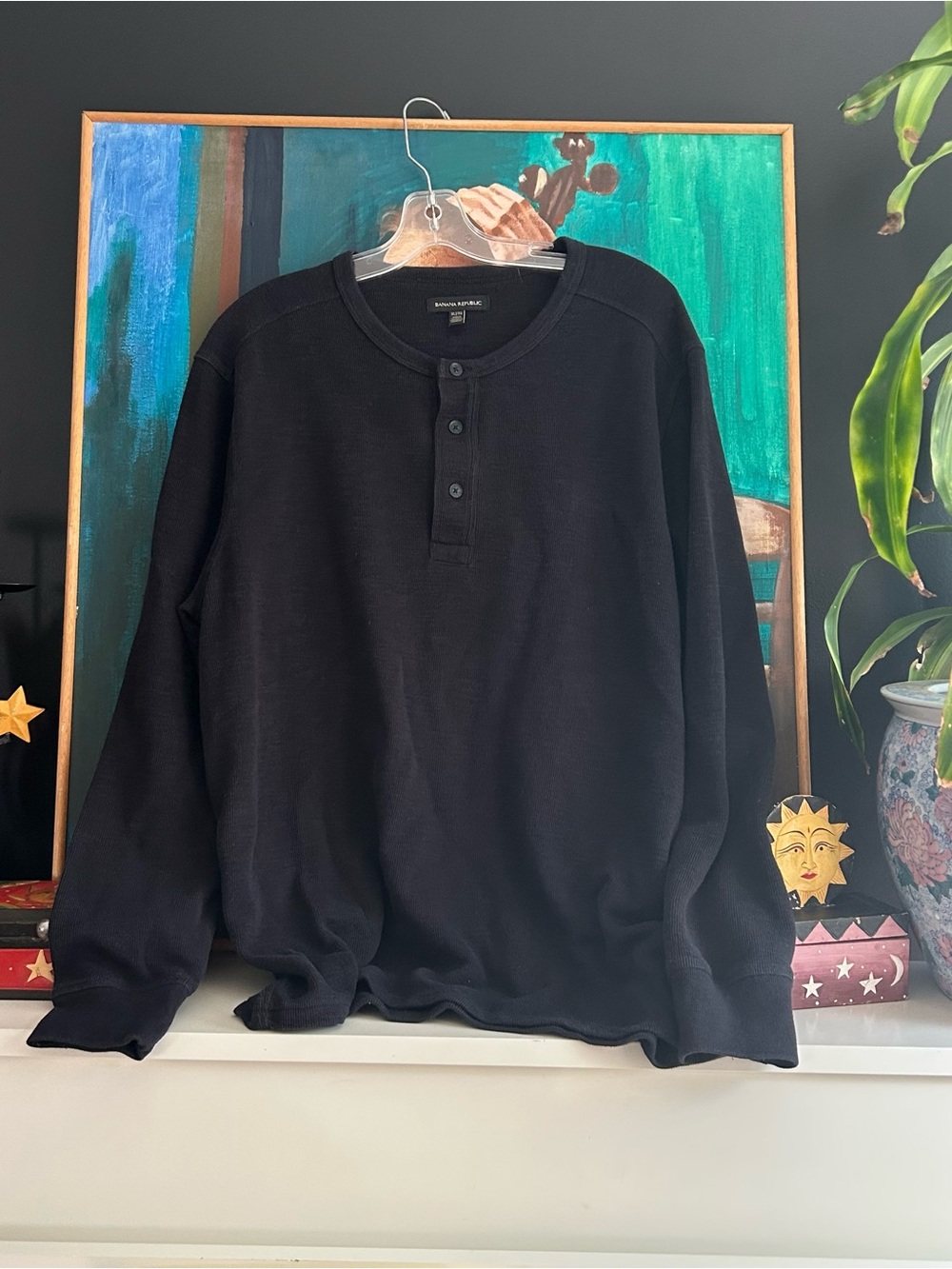 Banana Republic Black Waffle Knit Henley Long Sleeve Shirt Men’s XL